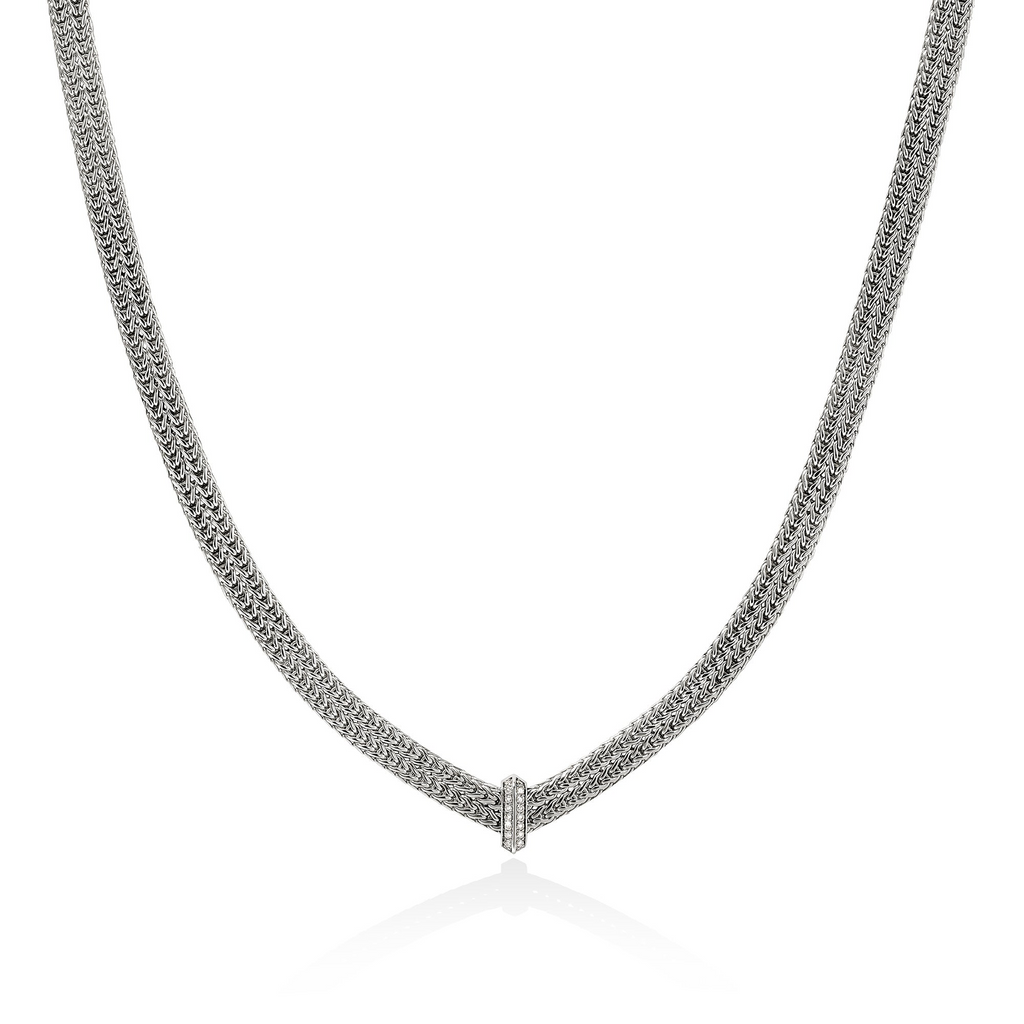 Sterling silver necklace with diamond accents.