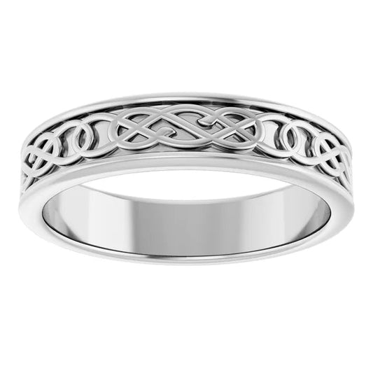Intricate carved white gold band, 5MM width.