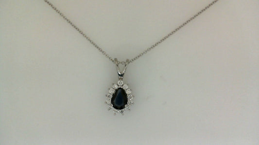 Pear sapphire pendant with diamond accents.