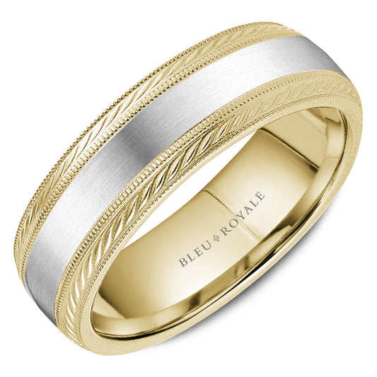14K white-yellow gold band, carved textured edges.