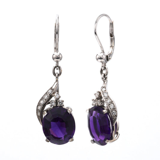 18K white gold amethyst diamond dangle earrings.