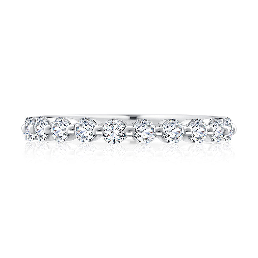 Rose gold band with round diamonds.