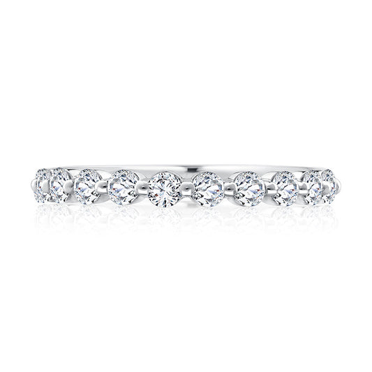 Rose gold band with round diamonds.