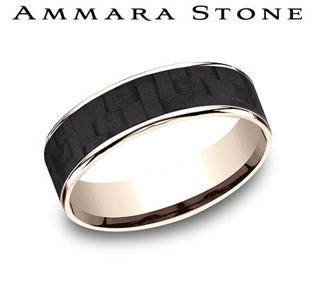 Carbon fiber black-rose gold men's carved band.