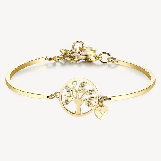 Yellow bangle with tree design, simulated diamonds.