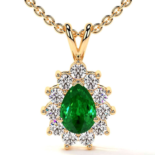 Pear-shaped emerald, diamond halo, yellow gold pendant.