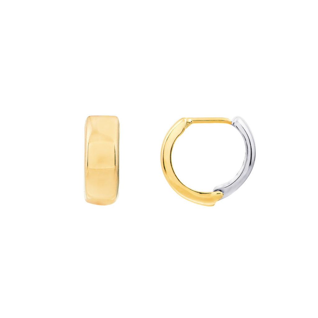 14K white and yellow gold huggie earrings.