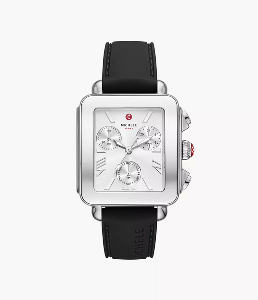 Silver dial, stainless steel case, black strap.
