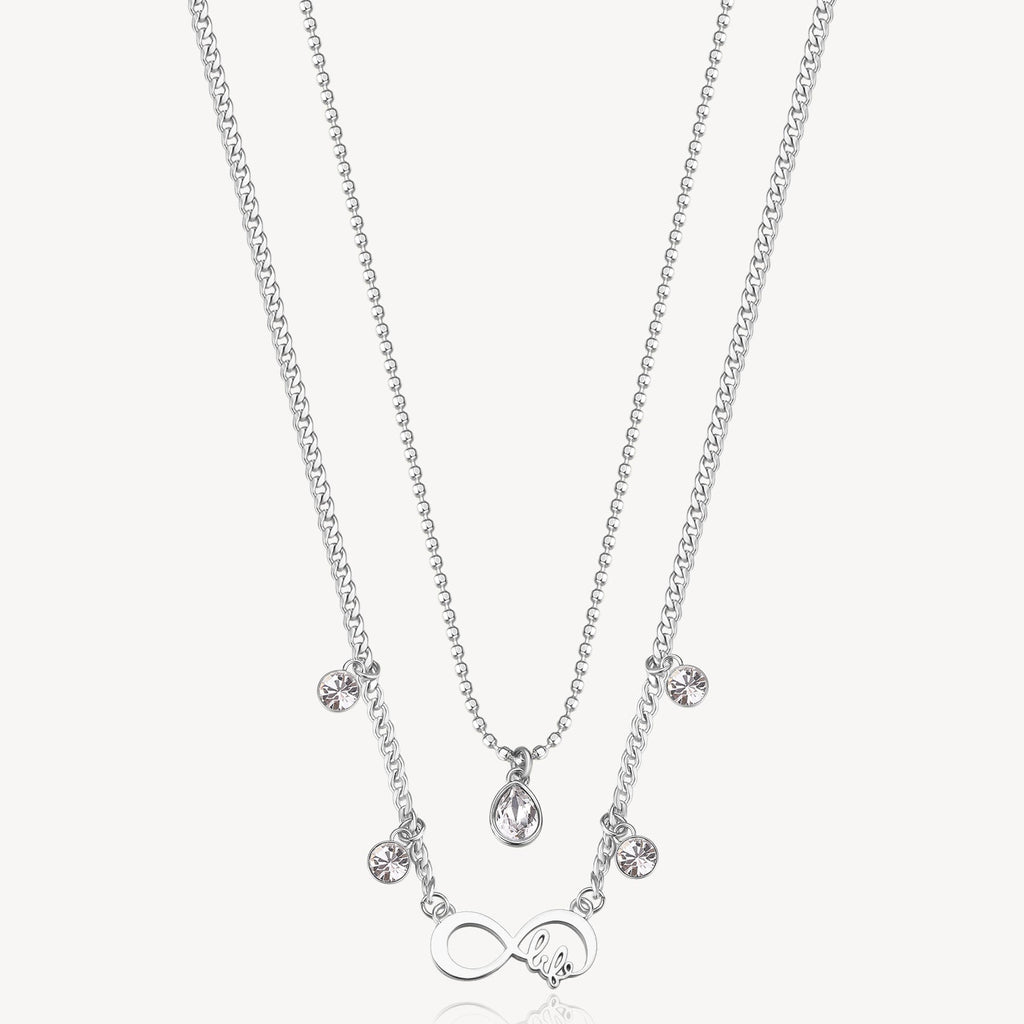Layered necklace with simulated diamonds, stainless steel.