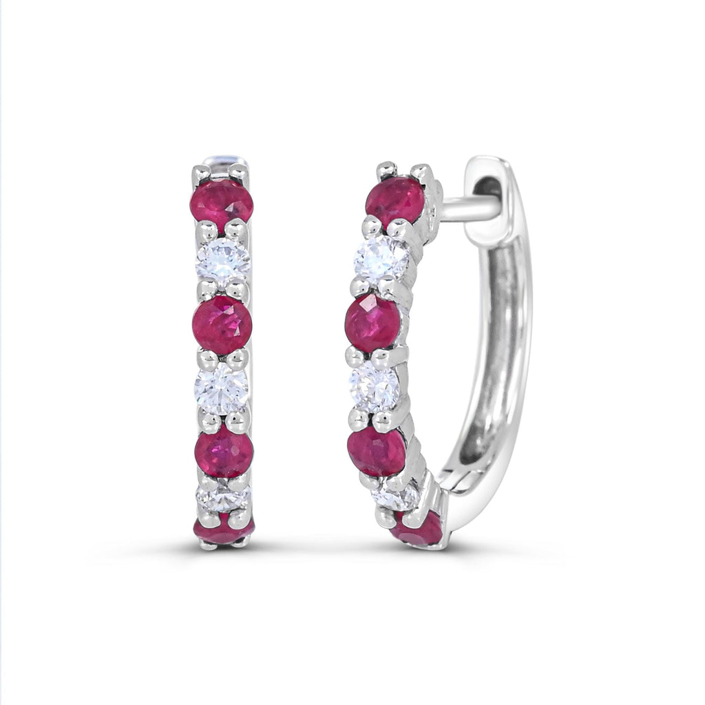14K white gold hoops with rubies, diamonds.