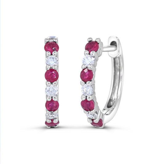 14K white gold hoops with rubies, diamonds.