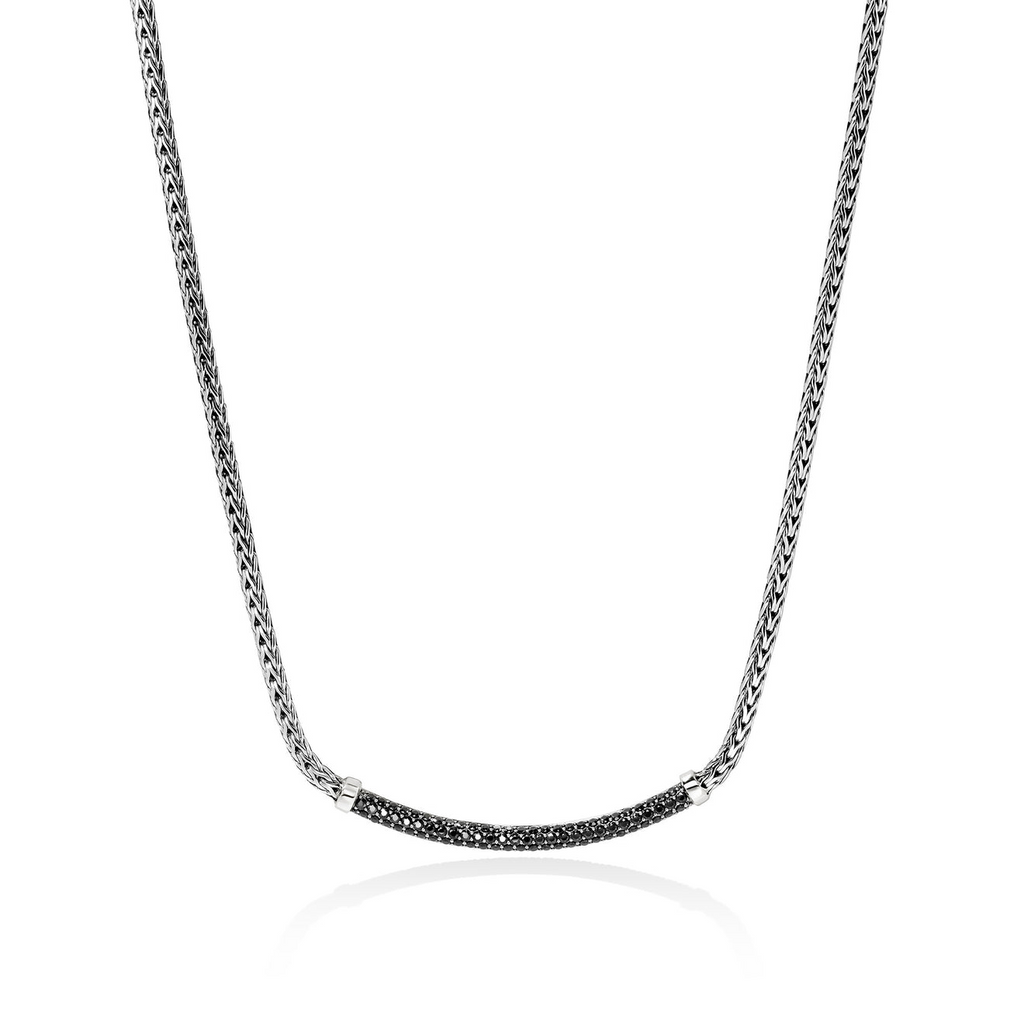Sterling silver necklace with black sapphire bar.