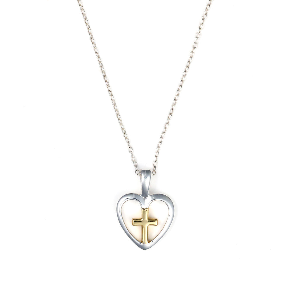 Sterling silver heart necklace with gold cross.