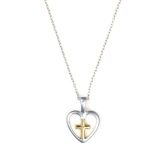 Sterling silver heart necklace with gold cross.