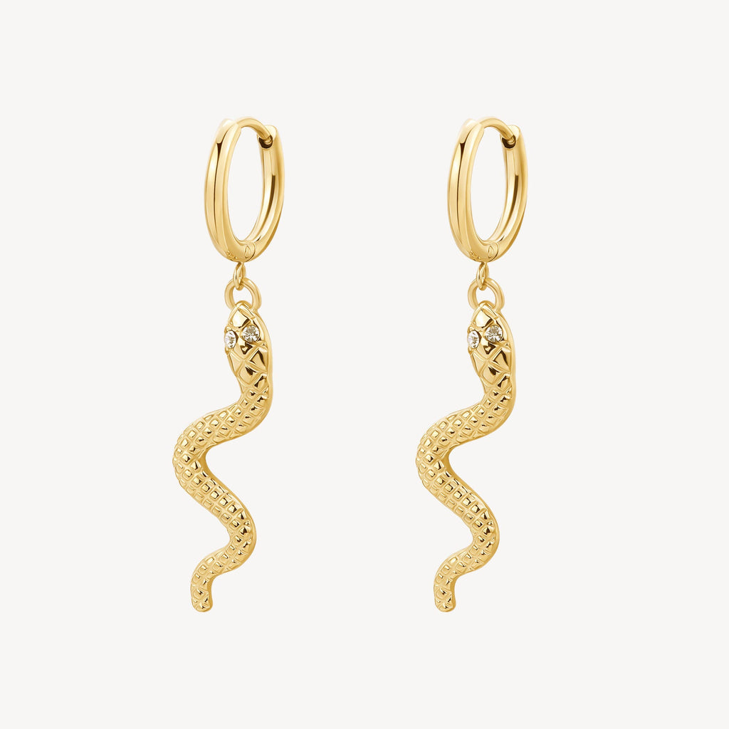 Gold snake dangle earrings with simulated diamonds.