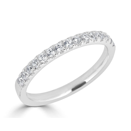 14K white gold band with round diamonds.