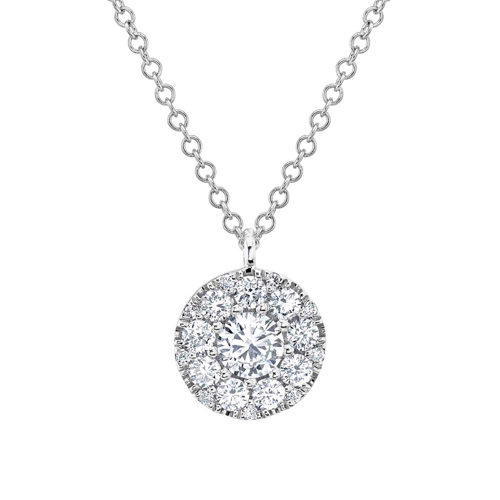 Round diamond pendant, white gold chain.