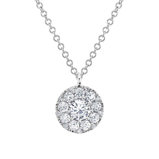 Round diamond pendant, white gold chain.