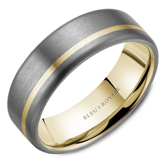 Tantalum band with yellow gold stripe.