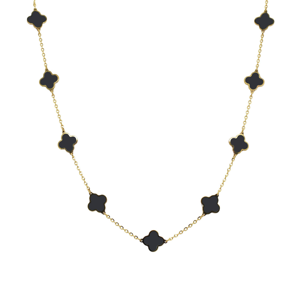 Clover onyx necklace with yellow gold chain.