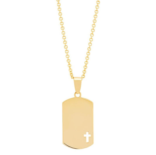 14K yellow gold cross necklace, no stones.