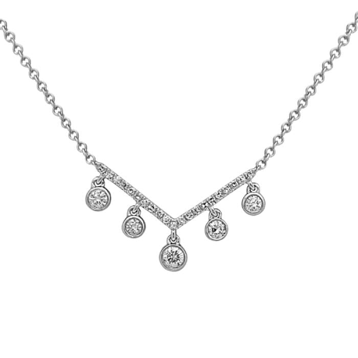 Diamond pendant necklace with dangling round diamonds.
