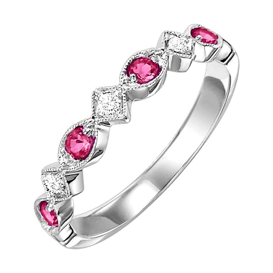 White gold band with rubies and diamonds.