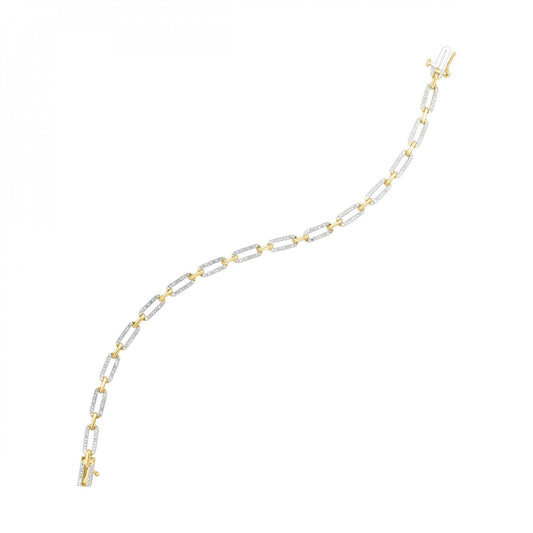 Yellow gold paperclip bracelet with round diamonds.