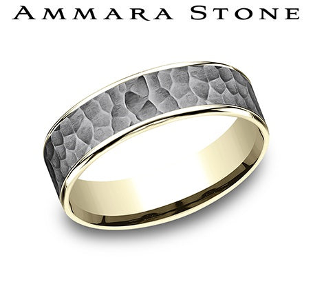 Tantalum yellow-grey carved band, hammered finish.