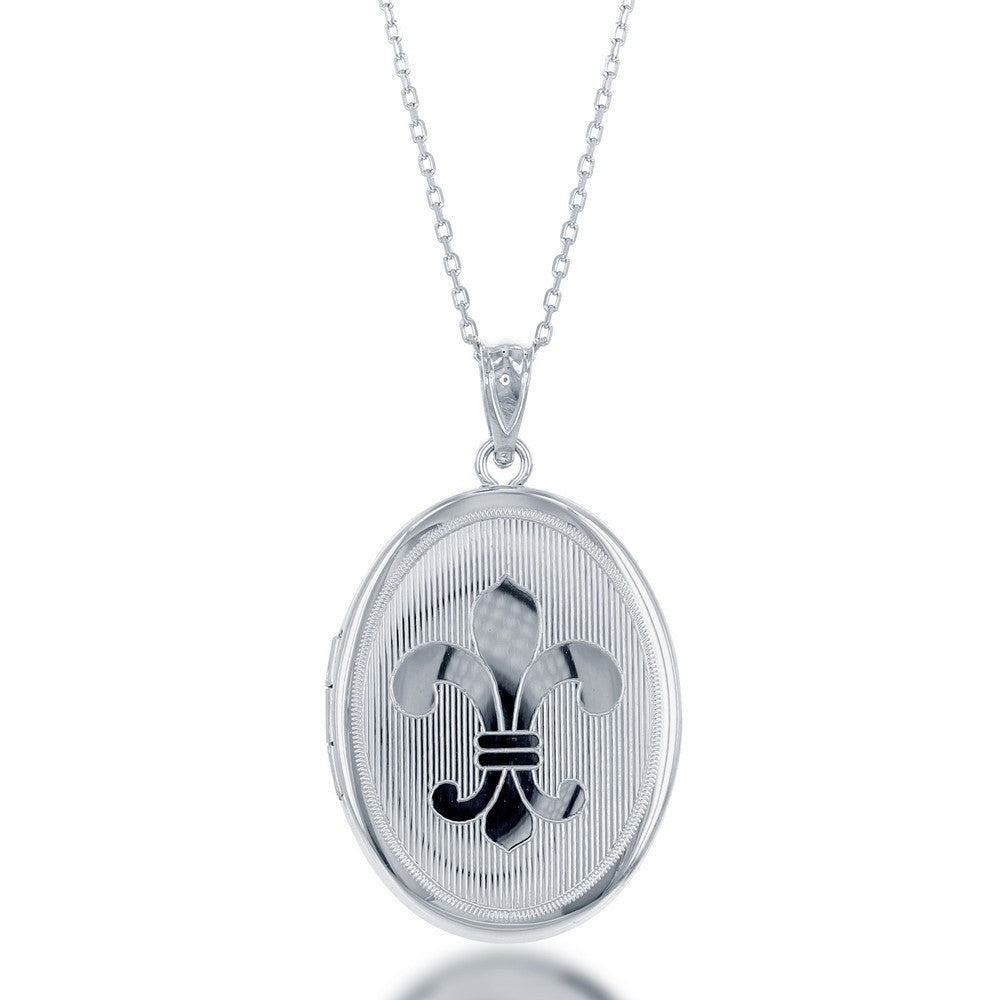 Sterling silver locket with fleur-de-lis motif.