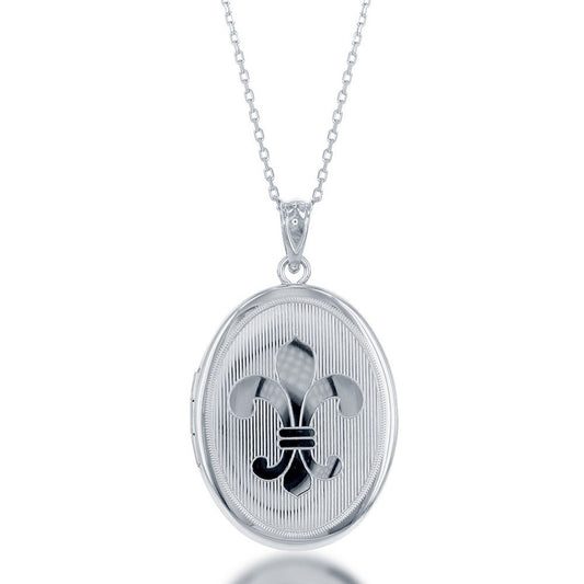 Sterling silver locket with fleur-de-lis motif.