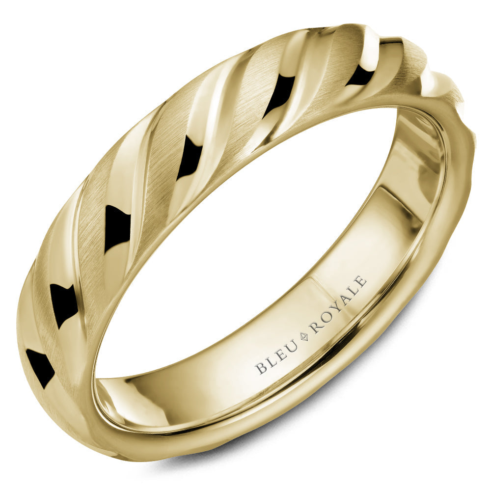Carved 14K yellow gold band, polished finish.