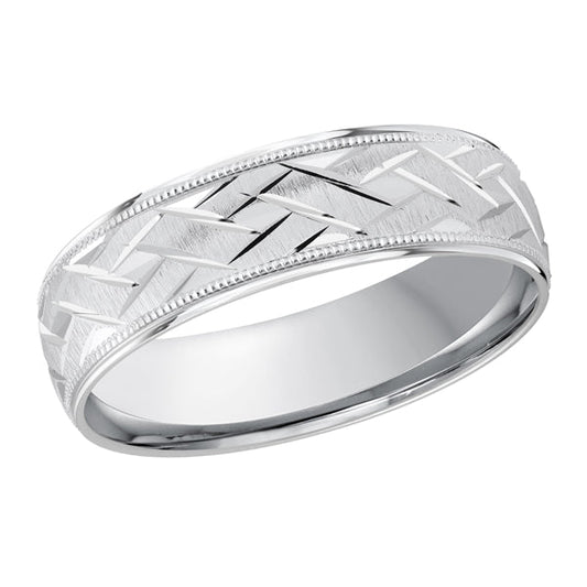 14K white gold carved band, diamond cut.