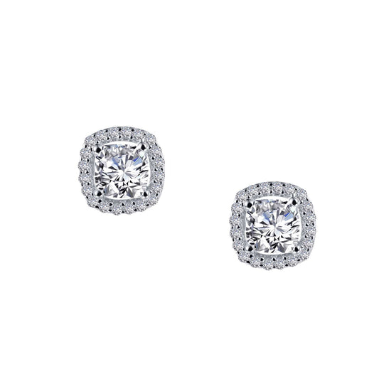 Cushion-cut simulated diamond earrings in silver.