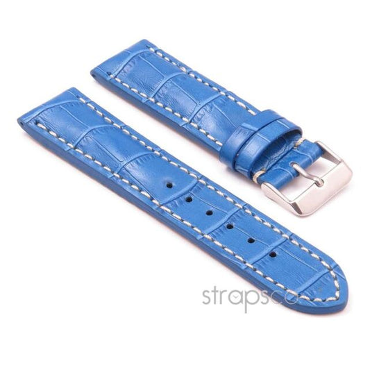 Blue leather watch band with white stitching.