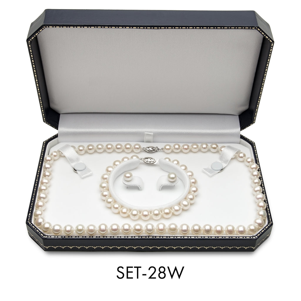 Pearl necklace and earrings in display box.