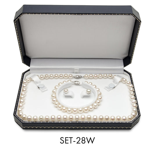 Pearl necklace and earrings in display box.
