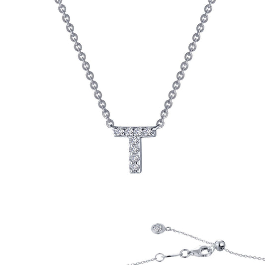 Simulated diamond "T" necklace in silver.