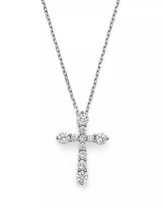 Cross necklace with round diamonds in white gold.