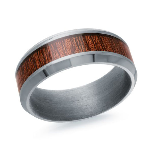 Tantalum band with brown carved inlay.