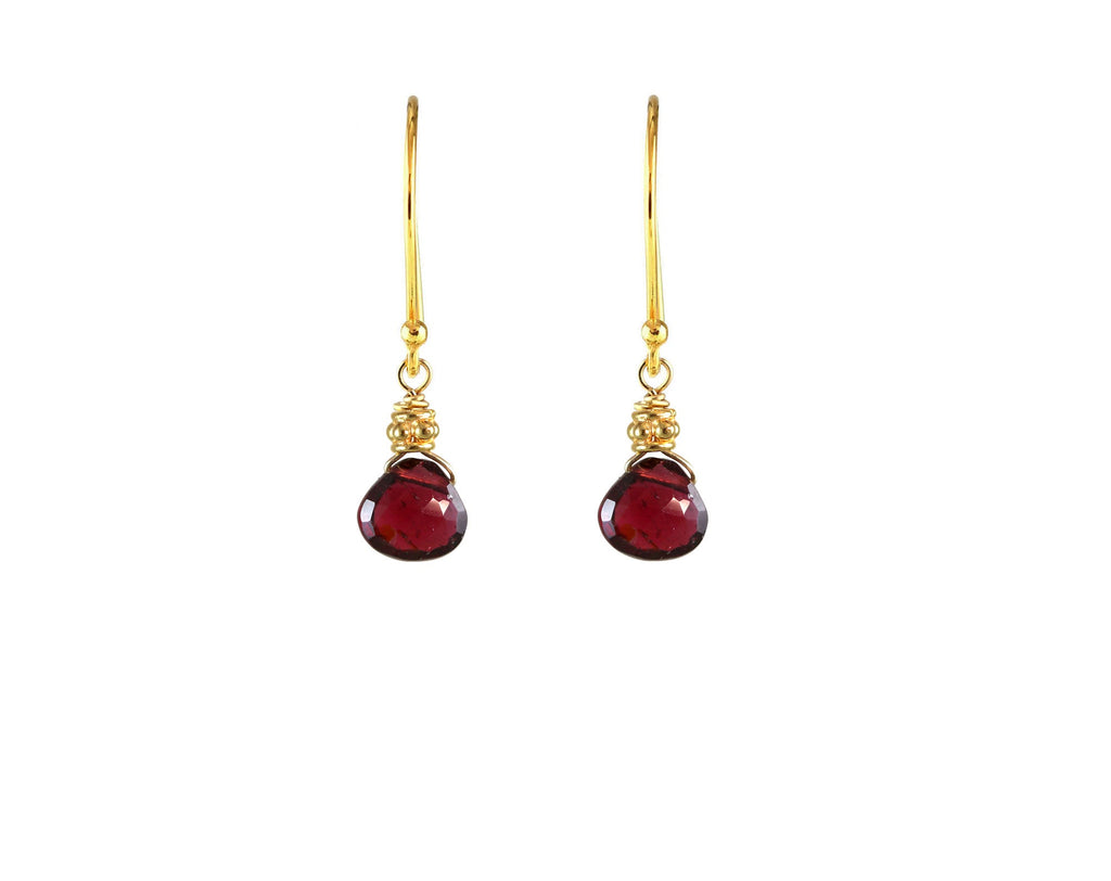 Gold-filled earrings with teardrop rhodolite garnets.