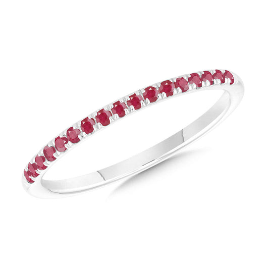 14K white gold band with round rubies.