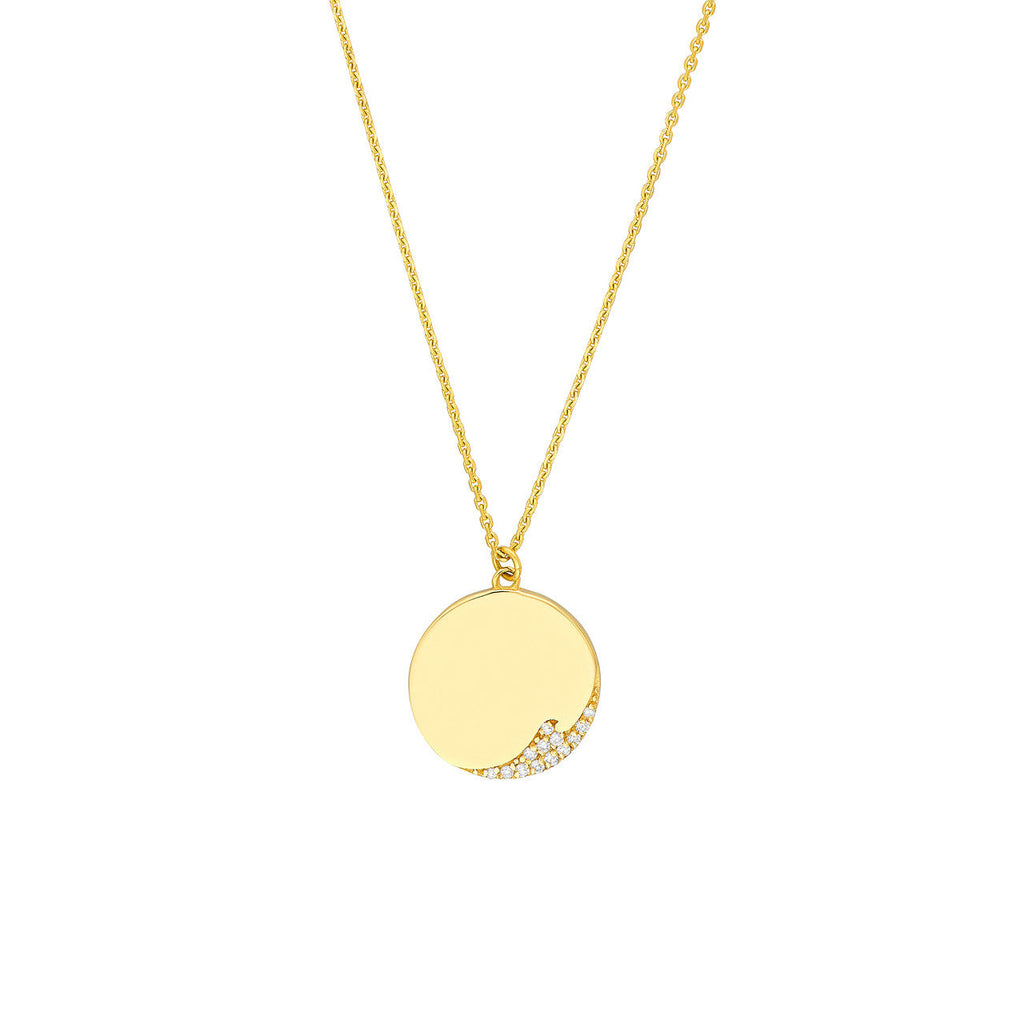 14K gold necklace with round diamond accents.