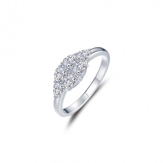 Cluster simulated diamond ring in sterling silver.