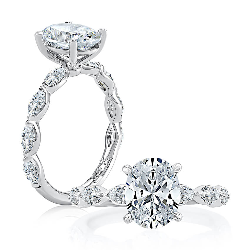 Marquise diamond semi-mount ring in white gold.