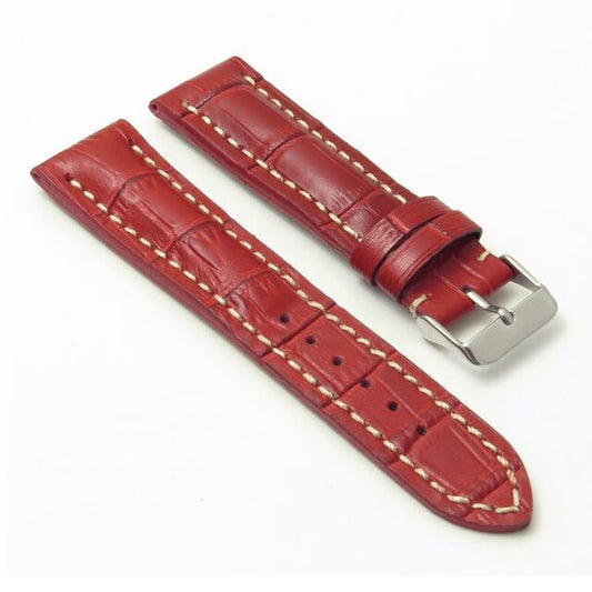 Red leather watch band, white stitching.