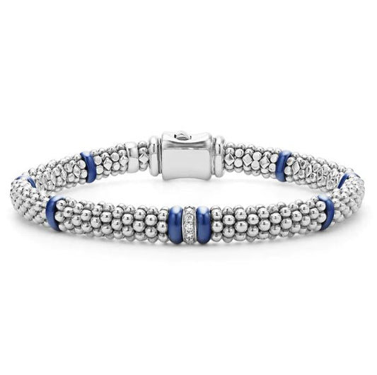 Sterling silver bracelet with blue ceramic accents.