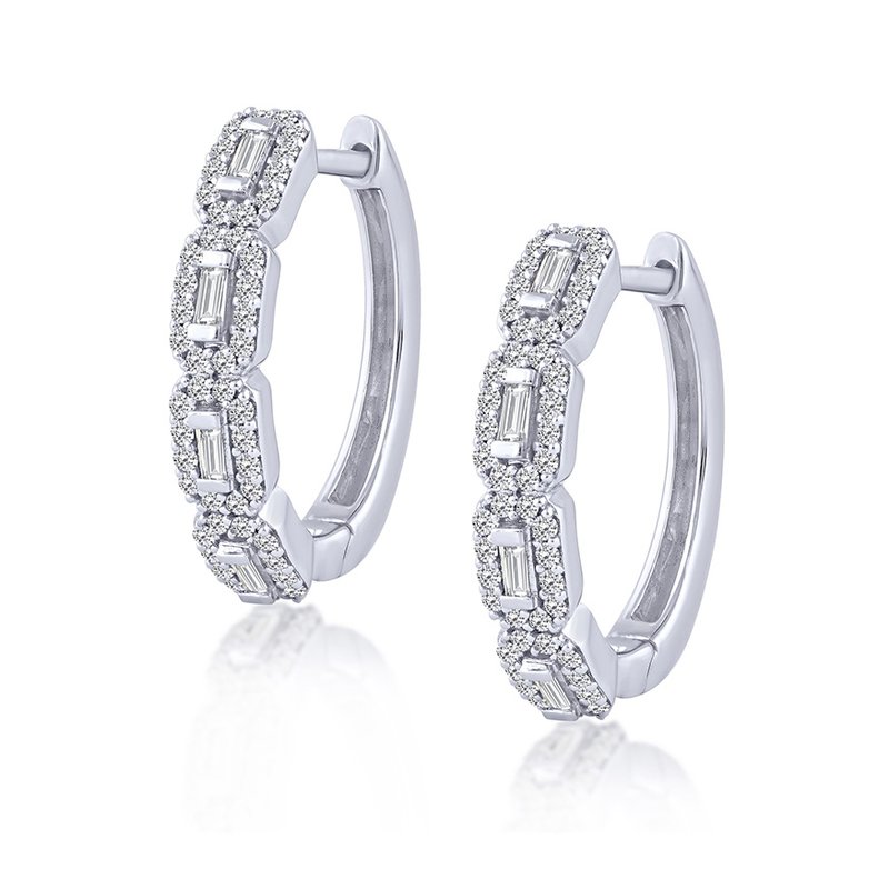 White gold hoop earrings with rectangular diamonds.