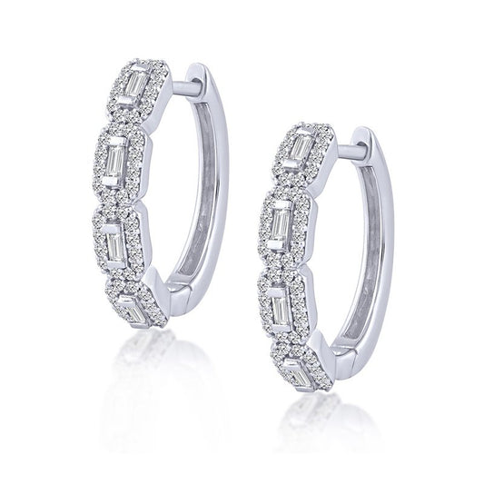 White gold hoop earrings with rectangular diamonds.