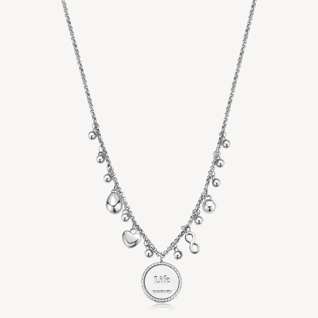 Silver charm necklace with heart and infinity.